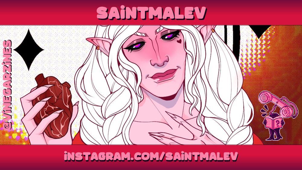 Artist spotlight for 'Saintmalev', showing a piece of their artwork: a pink person with an ominous smile holding a heart.