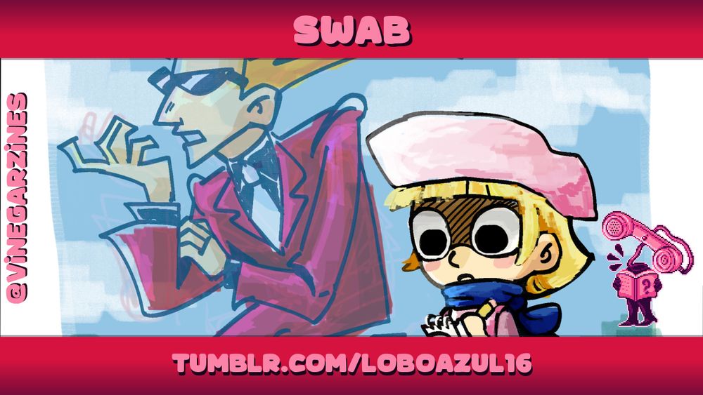 Artist spotlight for 'Swab', showing a piece of their artwork: a character looking haunted as a semi-transparent figure hovers behind them.