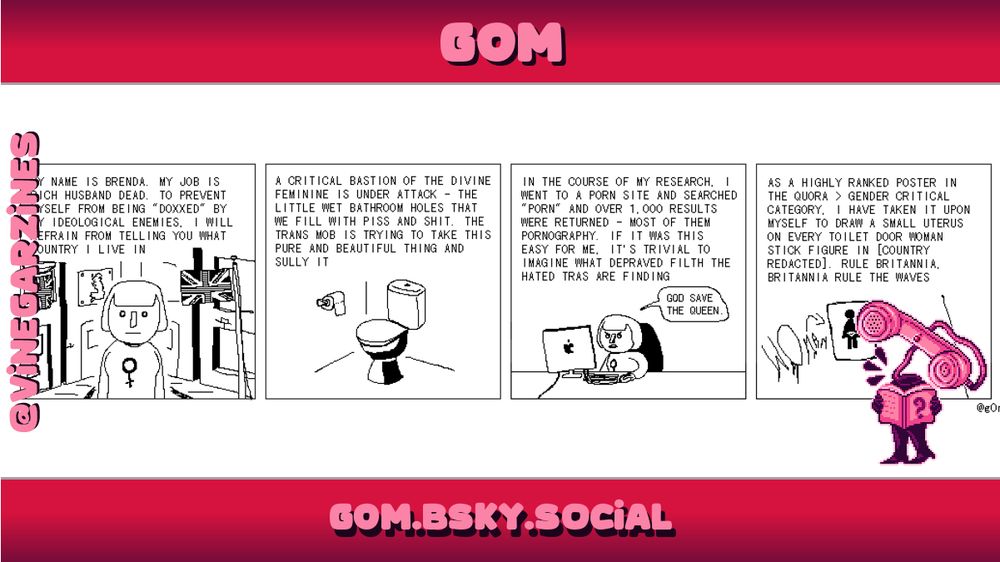 Artist spotlight for 'Gom', showing a piece of their artwork: a four panel comic making fun of transphobes campaigning to keep trans women out of bathrooms in the UK.