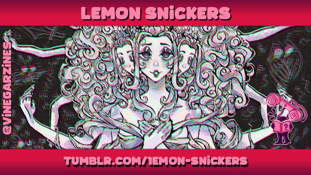 Artist spotlight for 'Lemon Snickers', showing a piece of their artwork: A figure with multiple heads and a mass of curly hair.