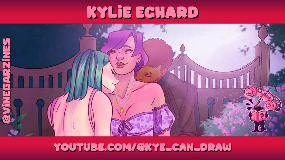 Artist spotlight for 'Kylie Echard', showing a piece of their artwork: three people sharing a romantic moment in a garden.