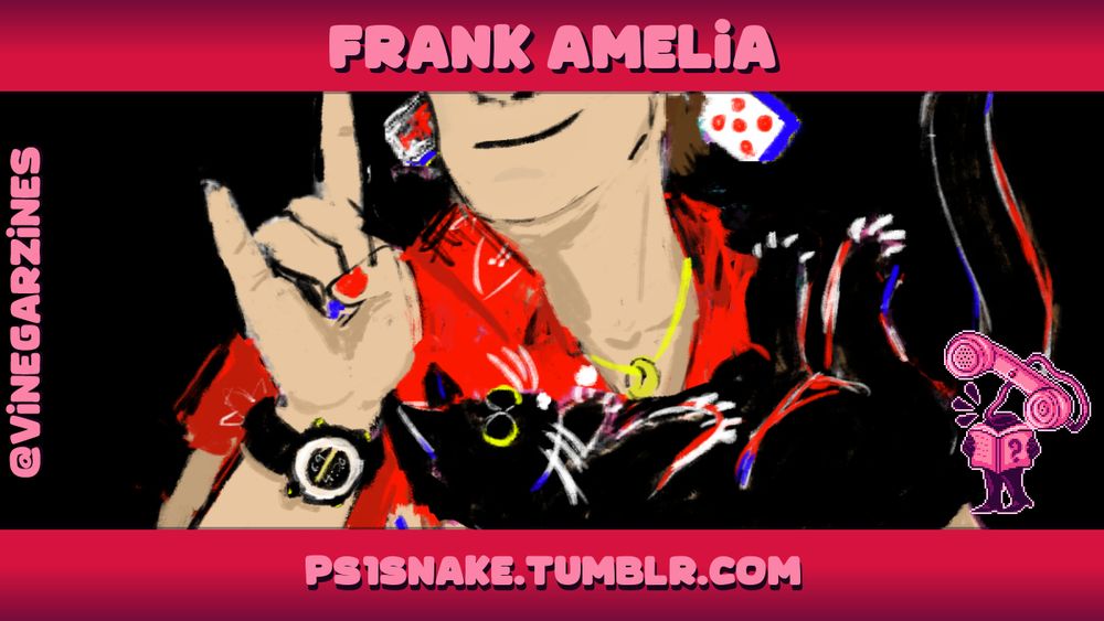 Artist spotlight for 'Frank Amelia', showing a piece of their artwork: a colourful portrait of someone with a black cat.