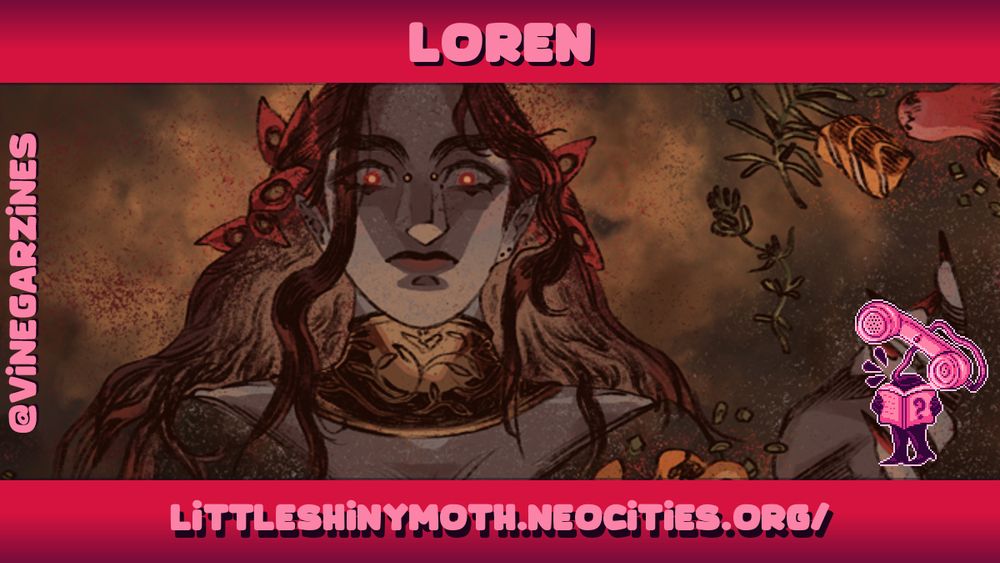 Artist spotlight for 'Loren', showing a piece of their artwork: an ethereal figure with a stony expression and flowing hair.