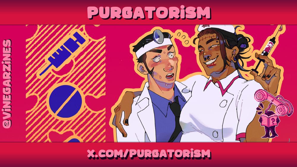 Artist spotlight for 'Purgatorism', showing a piece of their artwork: two characters in nurse and doctor outfits, posed in a flirty way.
