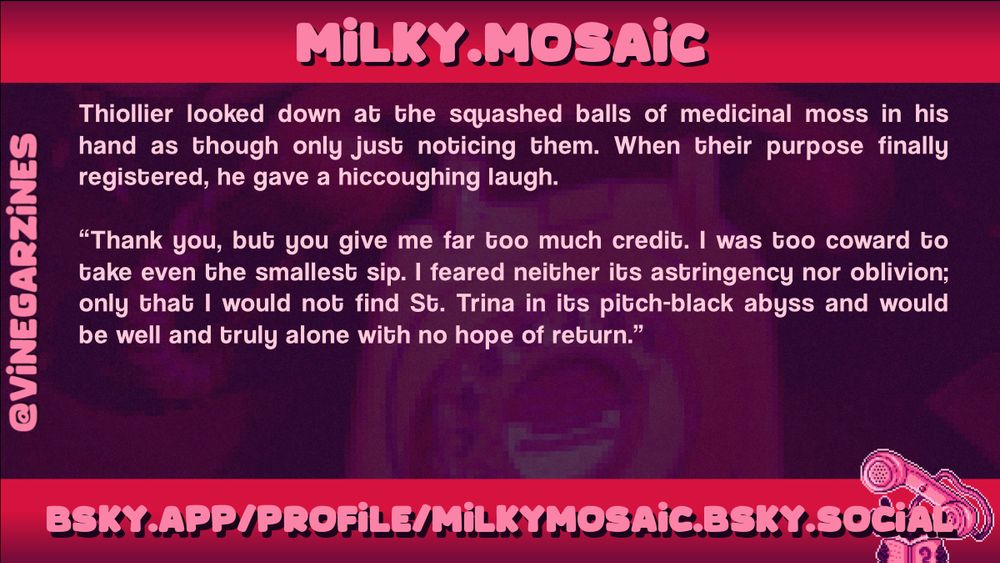 Writer spotlight for 'Milky.Mosaic', with a snippet of writing: fantasy with a cowardly religious protagonist.