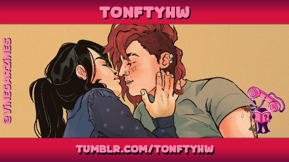 Artist spotlight for 'Tonftyhw', showing a piece of their artwork: two people leaning in to kiss.