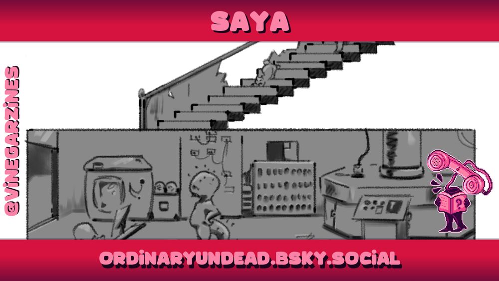 Artist spotlight for 'Saya', showing a piece of their artwork: A sci-fi comic-style scene.