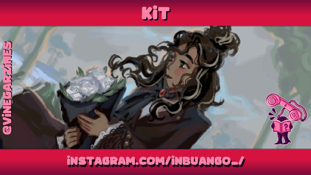 Artist spotlight for 'Kit', showing a piece of their artwork: a person in fancy clothing, holding a bouquet.