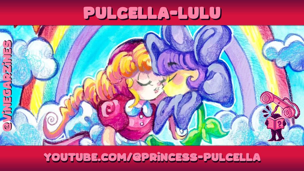 Artist spotlight for 'Pulcella-Lulu', showing a piece of their artwork: a pastel rainbow scene with a girl and anthropomorphic flower about to kiss.