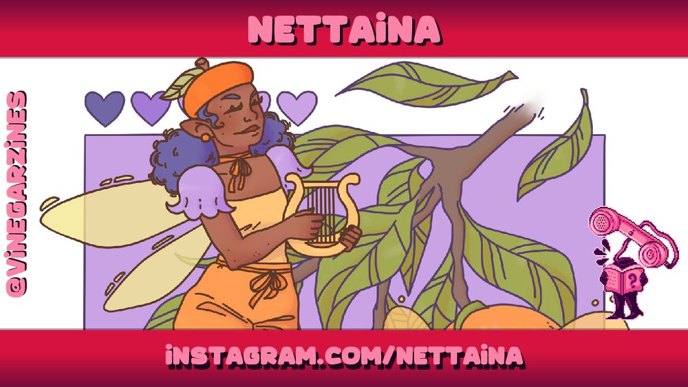 Artist spotlight for 'Nettaina', showing a piece of their artwork: a fairy with a harp against a leafy background.
