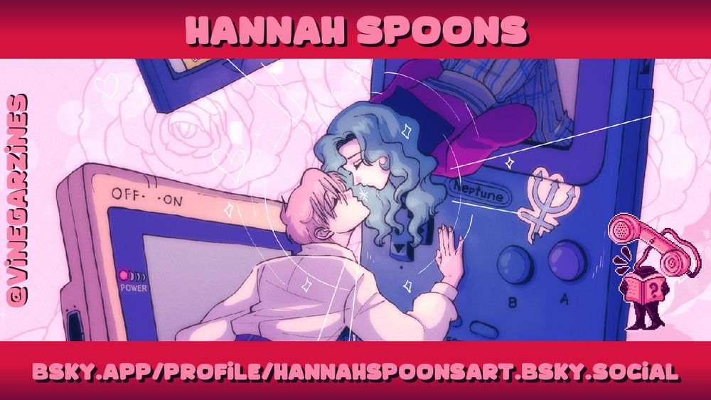 Artist spotlight for 'Hannah Spoons', showing a piece of their artwork: two characters leaning out of Gameboys and reaching for a kiss.