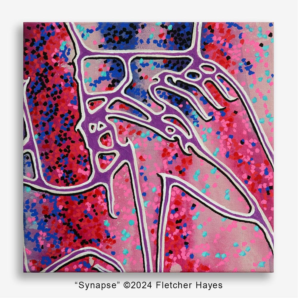 Image: Abstract acrylic painting consisting of purple and white curved lines against a background of red, pink, blue, black and light blue-green dots arranged in a spiral. Text below painting: "Synapse" copyright 2024 Fletcher Hayes.
Text: Presenting my small painting "Synapse" at Jackson Junge Gallery's TEN by TEN group exhibition ☆ 1389 N Milwaukee Ave, Chicago, IL 60622 ☆ Thru January 5, 2025
