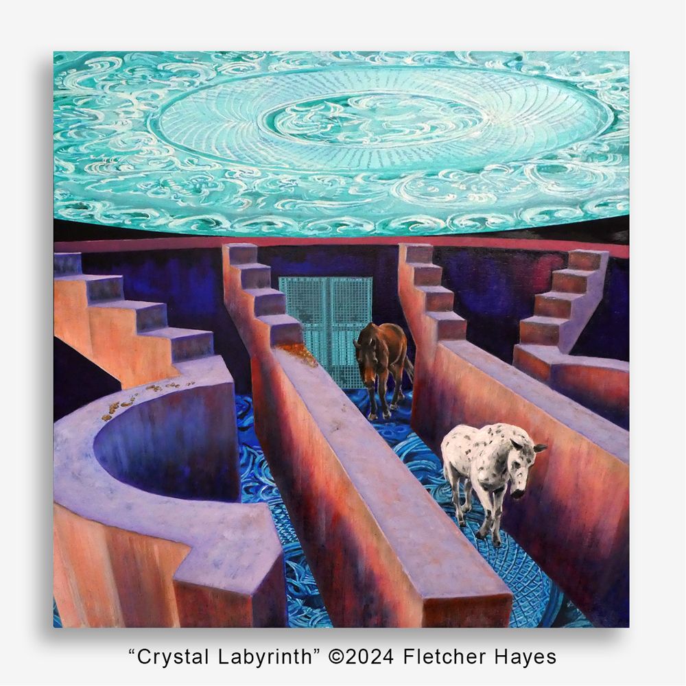 Image: An oil painting titled "Crystal Labyrinth" shows two horses, one brown and one white with gray spots, walking through a maze of dirty pink walls while the floor and ceiling seem to be glass with floral patterns.
Image Caption: This is "Crystal Labyrinth" from my sci-fi series of oil paintings on 20 x 20 inch cradled panel. Available through 1/1/2025 as part of the CAVA Contemporary Art Exhibit at ALMA Gallery ☆ 3636 South Iron Street, Chicago, IL 60609 ☆ It is a peek at abducted Earth horses in an alien spacecraft.