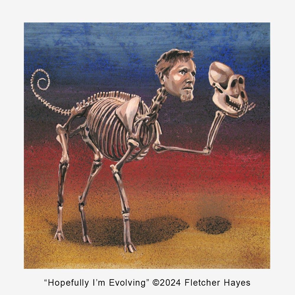 Image: Painting of the skeleton of a four-legged animal with spiral tail and human head holding a baboon skull as a mask.
Caption: "Hopefully I'm Evolving" copyright 2024 Fletcher Hayes
Text: Apropos of the Day of the Dead theme in the Elmhurst Artists' Guild Fall 2024 Member Art Exhibit – "Hopefully I'm Evolving" by Hayes is a self portrait as skeletal quadriped holding a baboon skull​ mask. – Inside the Elmhurst Art Museum, 150 Cottage Hill Ave., Elmhurst, IL 60126 – Thru 11/30/2024