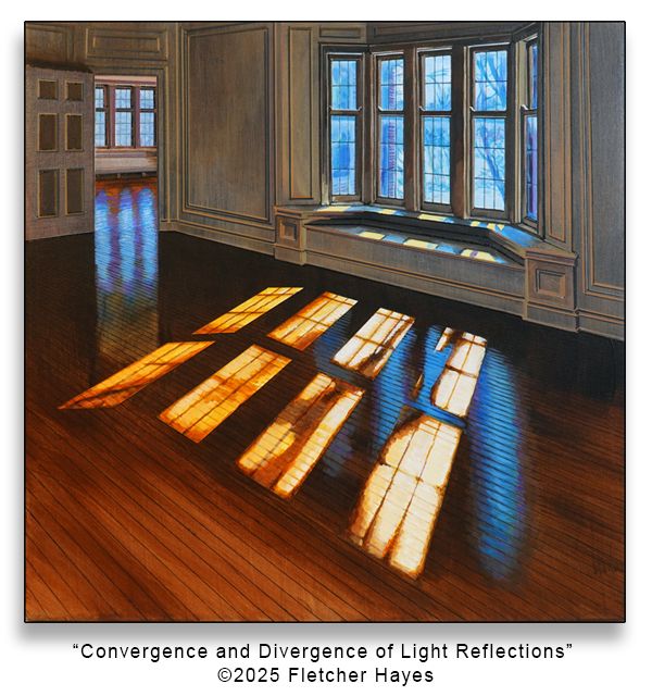 "Convergence and Divergence of Light Reflections" painting captures sunlight streaming through the leaded-glass windows. The divergent qualities of cool diffused reflections of the blue sky converge with the warm light beams upon the hardwood floor. Thru 3/31 at the Grove Gallery, Evanston, IL. 