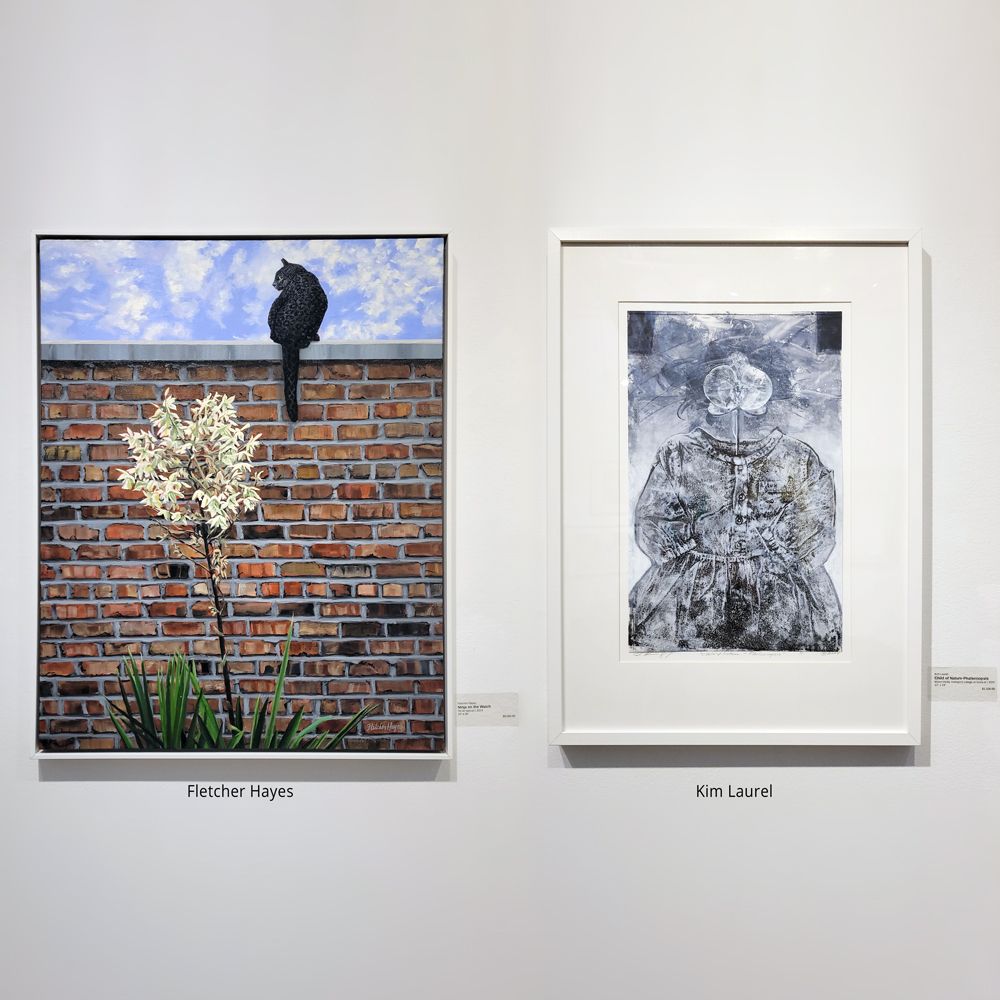 Image of a painting of a black cat perched atop a brick wall above a large yucca blossom by Fletcher Hayes, next to a mixed media monoprint collage depicting a child's dress topped with a large phalaenopsis blossom by Kim Laurel. These two artworks are included in the EAG Winter Members' Show from December 1, 2024 until January 5, 2025. Elmhurst Artists' Guild, 150 Cottage Hill Avenue, Elmhurst, IL 60126