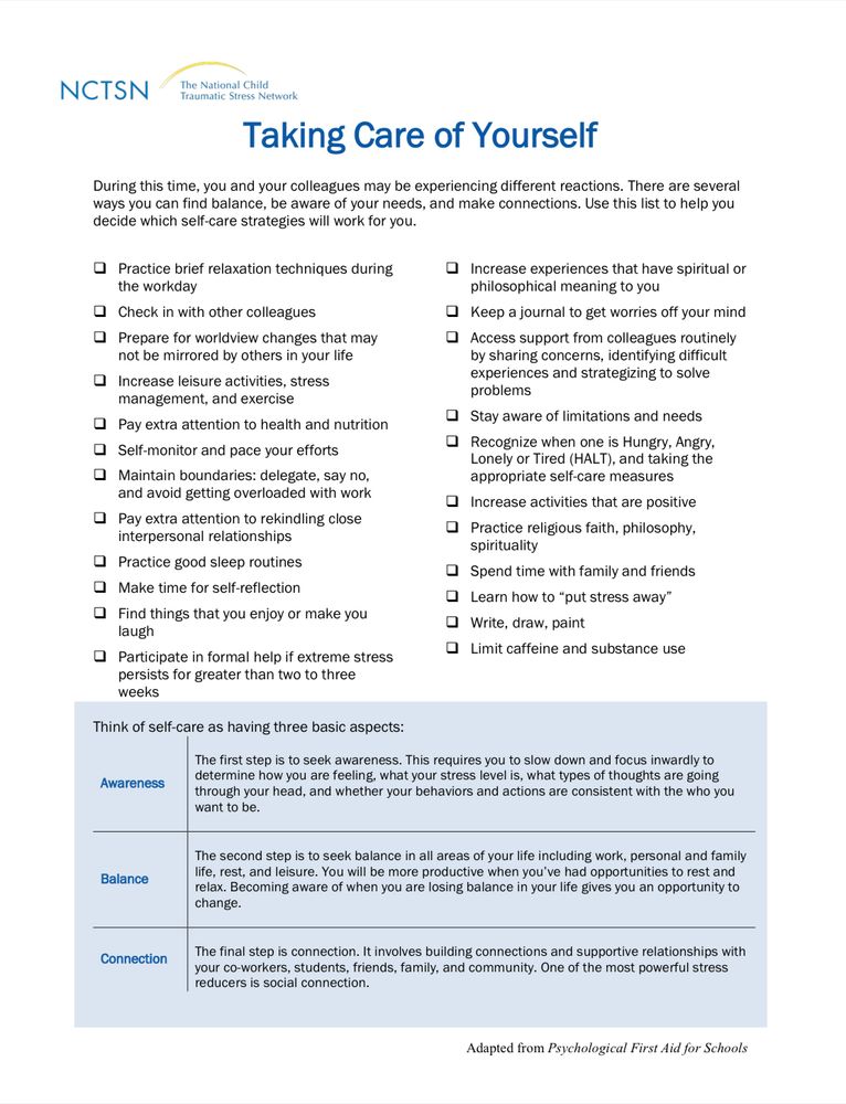 Self-care list provided by the National Child Traumatic Stress Network.