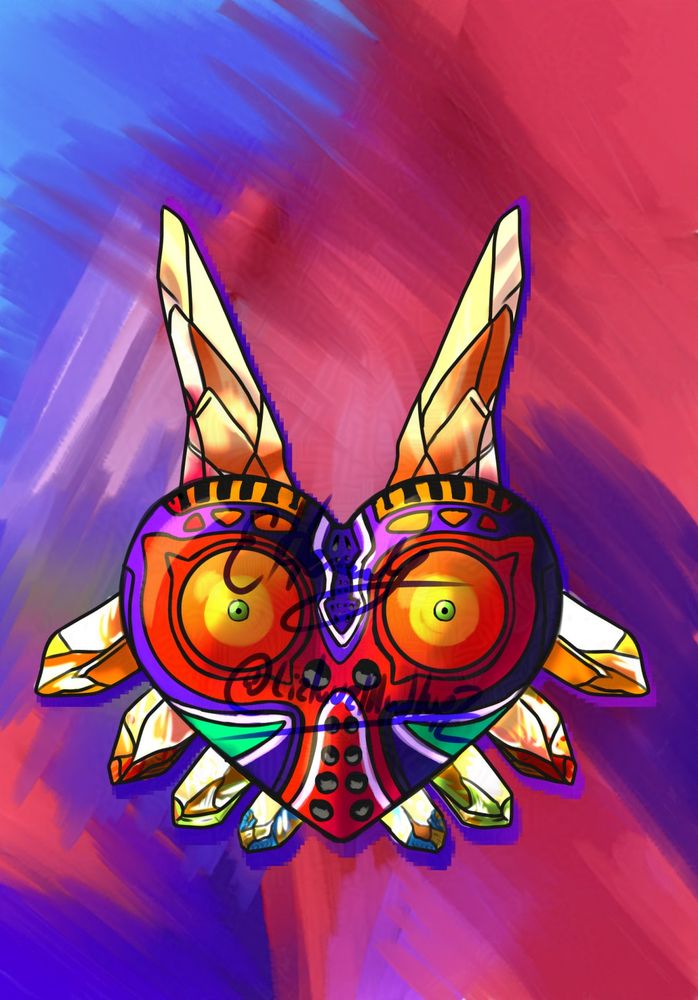 A heartshaped, wide eyed mask from the videogame Legend of Zelda Majora's Mask reimagined with crystaline spikes poking in multiple directions. There is an underrshadow of purple behind the subject and a scribbled purple and red background. There is a signature from the artist scribbled on the top and bottom centered on the mask.