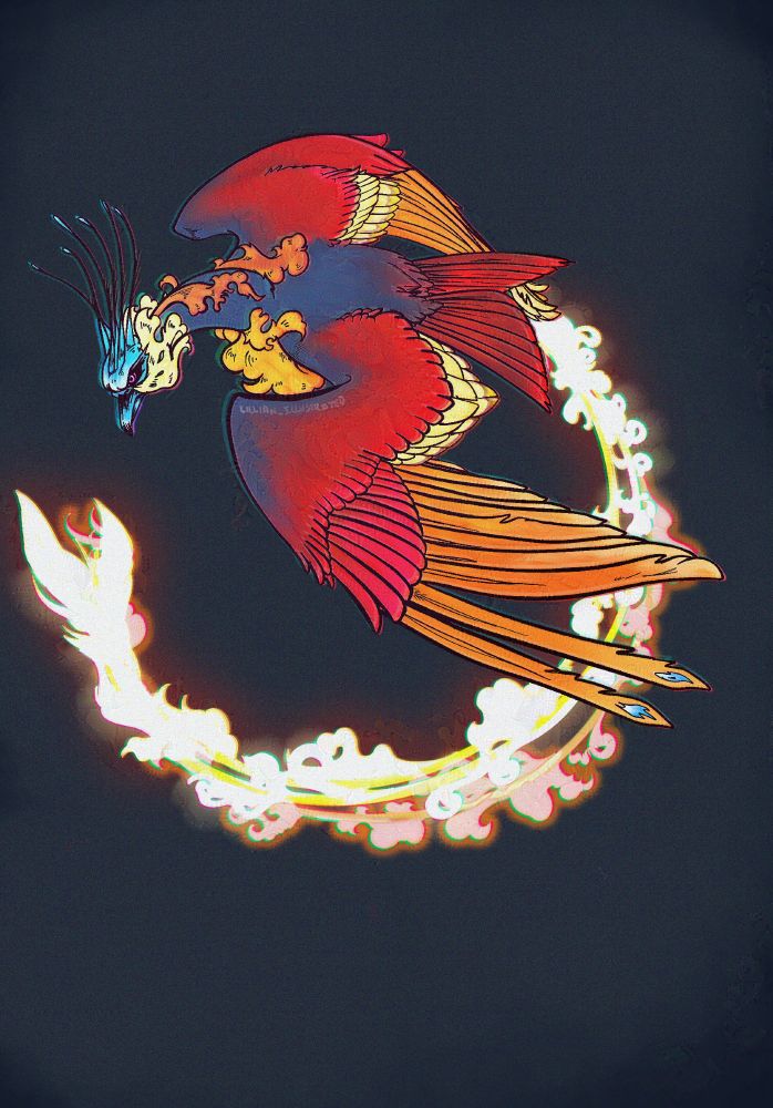 A flamed colored bird with three streams of glowing firey orange, red, and orange streamed tails circling with one wing outstretched below with multicolored feathers.