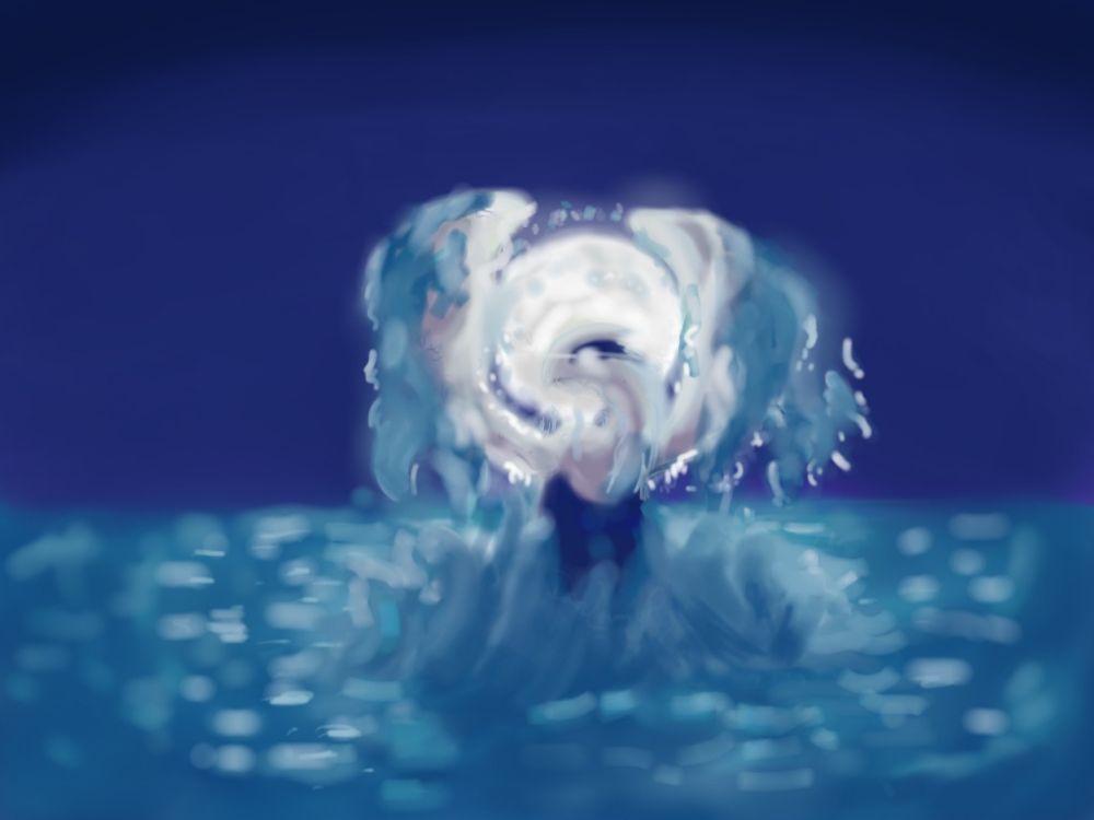 A rough and sofly blurred painted image of a Pokemon named Lugia breaks from below the surface of blue water splashing all around it, under a night sky with a full moon, which is framed by Lugia's large white wings. The subject is facing to the left with one eye glowing.