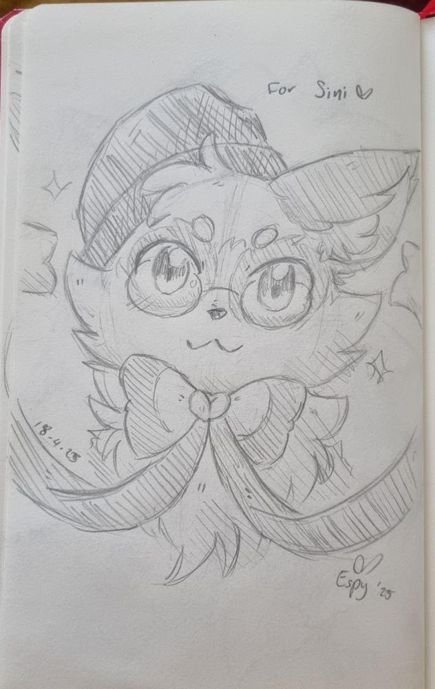 A traditional sketch portrait of my fox character looking at the viewer.

He's wearing round glasses, hat on his right ear and a cute bow with long ribbons.
