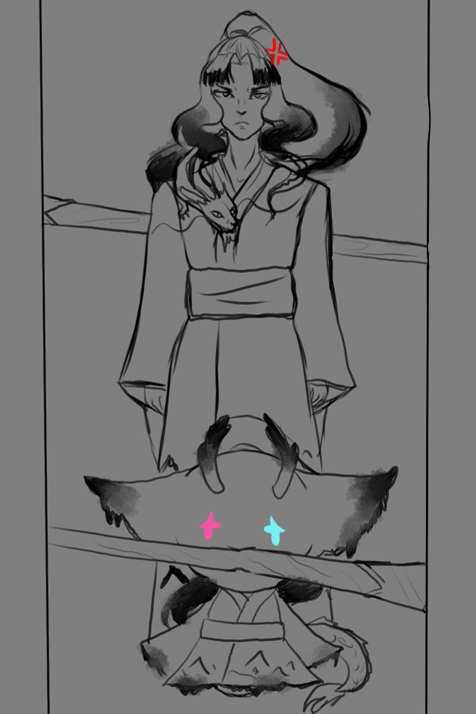 Rising legio and his chibu both trying to get through a doorframe and not fitting due to their giant brushes getting in the way, like a dog trying to carry a big stick through a gate.