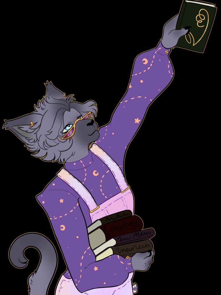 An example of a commission done by Pestboy. The image shows a half-body illustration of an anthropomorphic grey cat in a purple sweater and pink overalls, holding a stack of books and reaching upwards for another.
