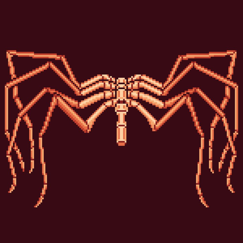 Pixel art of an orange pycnogonid (sea spider) on a deep red background. The animal has eight extremely long, spindly legs attached to a body that's almost as thin as one of the legs. 