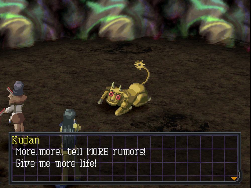 Screenshot of Persona 2: Eternal Punishment
Two characters with their back to the camera are facing a cow with a strange face. A textbox reads;
[Kudan] "More... More... tell MORE rumors! Give me more life!"