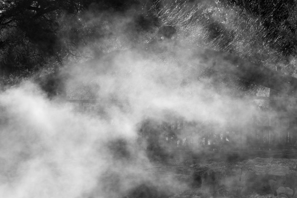 Eyes of the waharoa gleam over the billowing steam