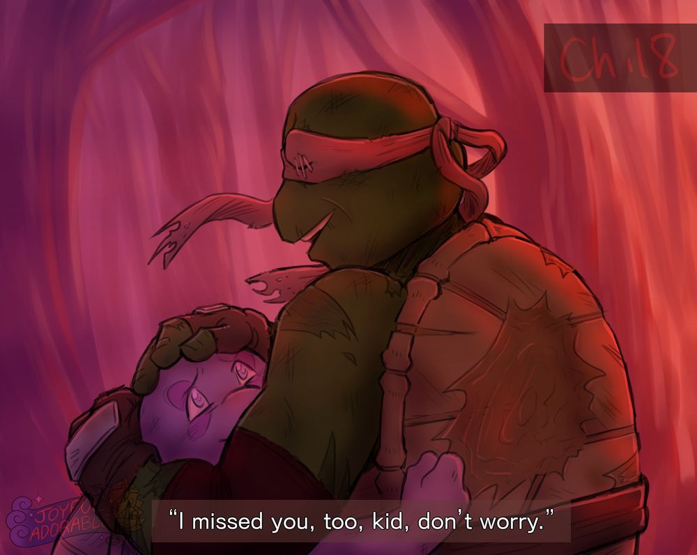 Colored illustration depicting a moment from Chapter 18 of TMNT SAINW Raph and Weathered Strings Lita. Lita smiles in relief as she clings onto Raph. Raph, sans jacket to reveal his heavily scarred shell and arms, smiles down at her, returning the hug and patting her head as he says "I missed you, too, kid, don't worry." The background are the soft purples, pinks, and reds of twilight coming peeking through the trees.