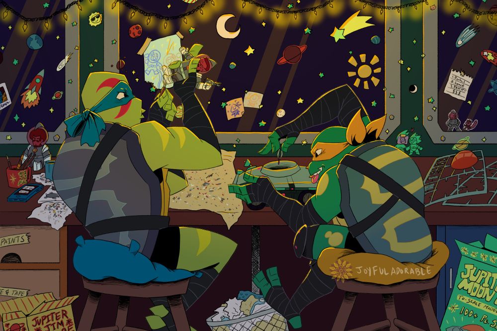 Illustration of Leo and Mikey from Rise of the TMNT sitting on cushioned stools at a work table in a subway car. Leo is concentrating on painting a figure of Jupiter Jim as Mikey constructs a miniature model of JJ's Moon Buggy. Their work space is cluttered with art tools and the walls of the train have space themed stickers, glow in the dark stars, Jupiter Jim stickers, and taped up drawings and notes. Mikey rocks a waste bin full of trash back and forth with one of his feet. On either sidemof the brothers are the now empty boxes of their new merchandise.