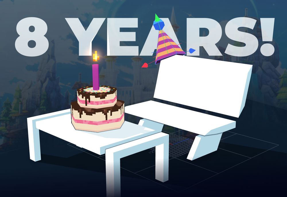A bench with a party hat sitting in front of a table with a cake and celebrating its birthday. A text "8 years" can be seen in the background.