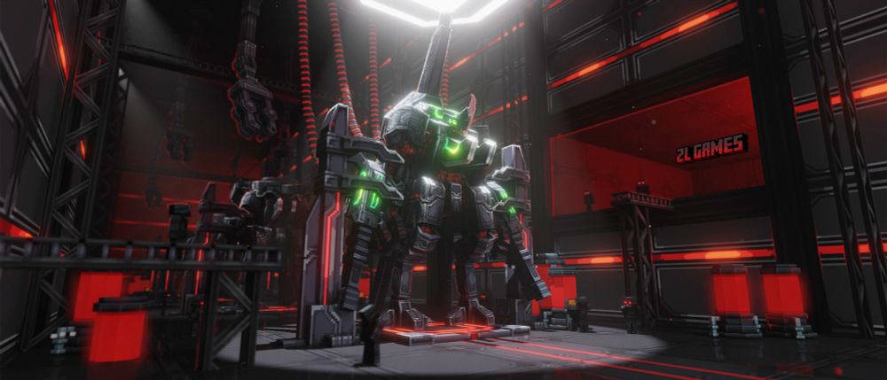 Blockbench splash screen. A render of a giant sci-fi mech being assembled in a factory with robot arms, machinery, and lots of red neon lights in the background.