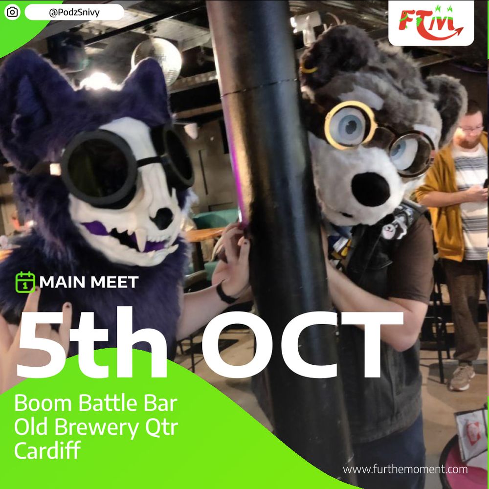 A picture of two suiters (EinSquared's SkullCat and Schlinkys Raccoon). They are posing around a pole, looking at the camera wearing Glasses
