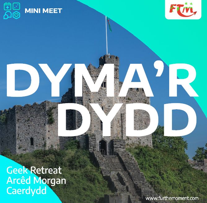 Llun cyhoeddiad o gyfarfodydd bach Fur the Moment. Mae castell y tu ôl y'r testun