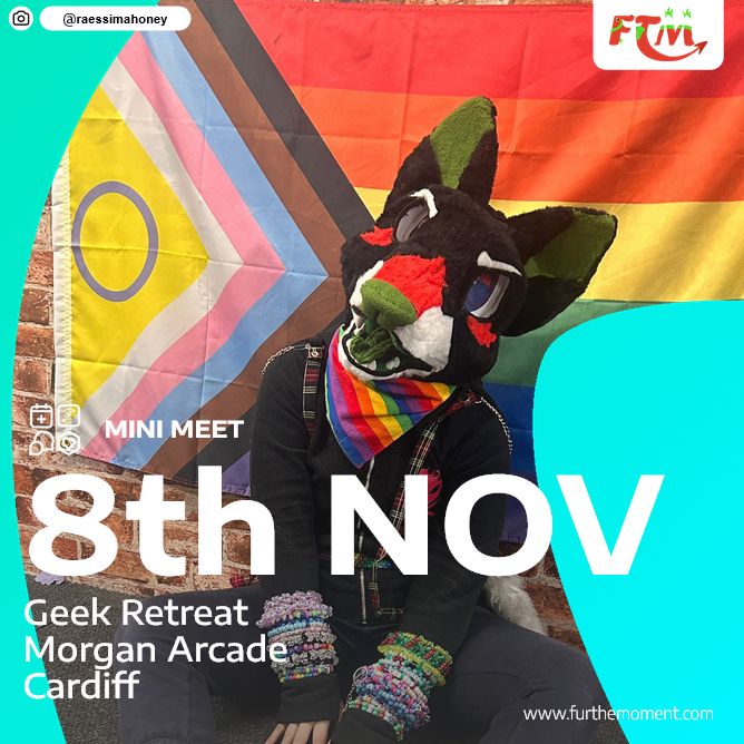 Black red and Green fursuit sitting on the floor in front of a Progress flag. They are wearing a Pride Coloured Bandana