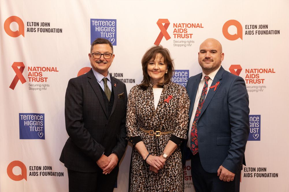 Robbie Currie, CEO of National AIDS Trust, Anne Aslett, CEO of the Elton John AIDS Foundation, and Richard Angell, CEO of Terrence Higgins Trust. 