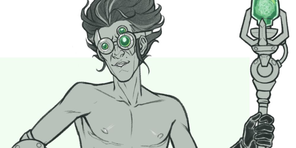 Cropped illustration of Viktor from League of Legends, in his prototype skin appearance. He is nude and pictured from the waist-up, wearing a single black glove on his flesh hand. He is holding his green, mechanical staff and bites his lip. 