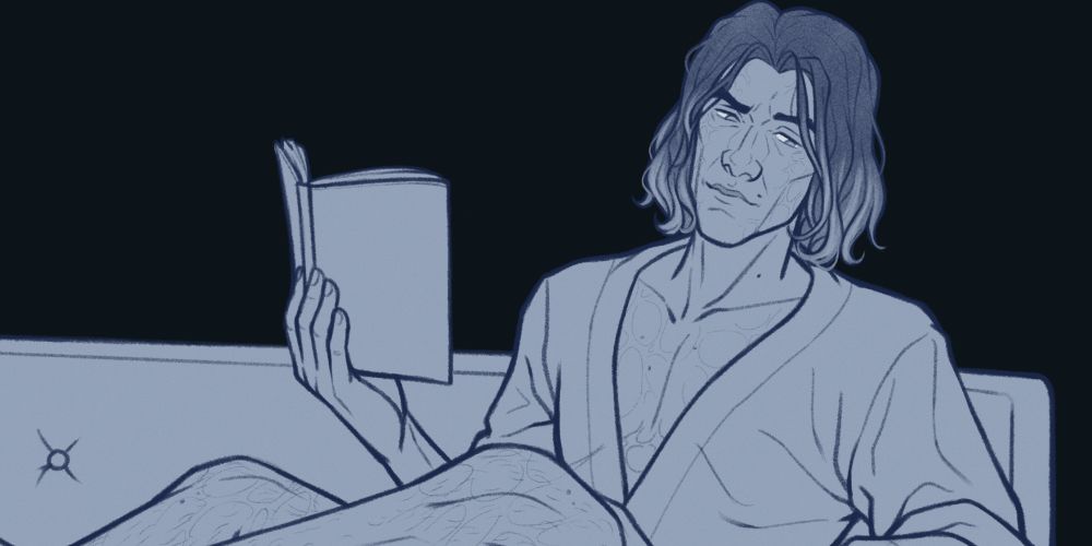 Cropped illustration of Viktor from Arcane, in his Season 2 appearance with longer hair. He sits on a couch in a loose fitting robe, holding a book and peering down at something out of frame. 