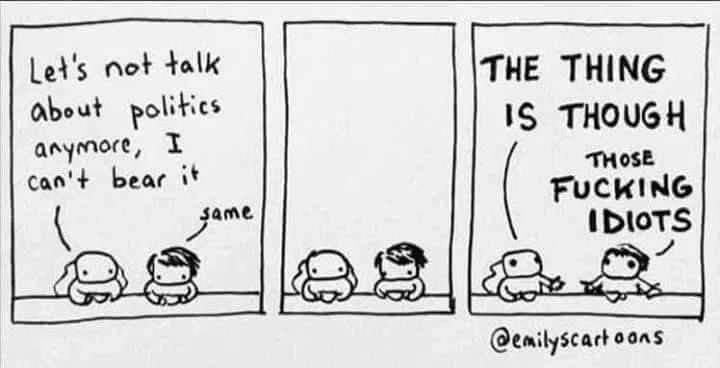 Comic strip: Panel 1: One character says "Let's not talk about politics anymore, I can't bear it" and the other says "Same." They're silent in the second panel. Then, in the third, one blurts out "THE THING IS THOUGH" and the other: "THOSE FUCKING IDIOTS"