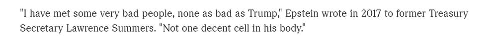 "I have met some very bad people, none as bad as Trump," Epstein wrote in 2007 to former Treasury Secretary Lawrence Summers. "Not one decent cell in his body."