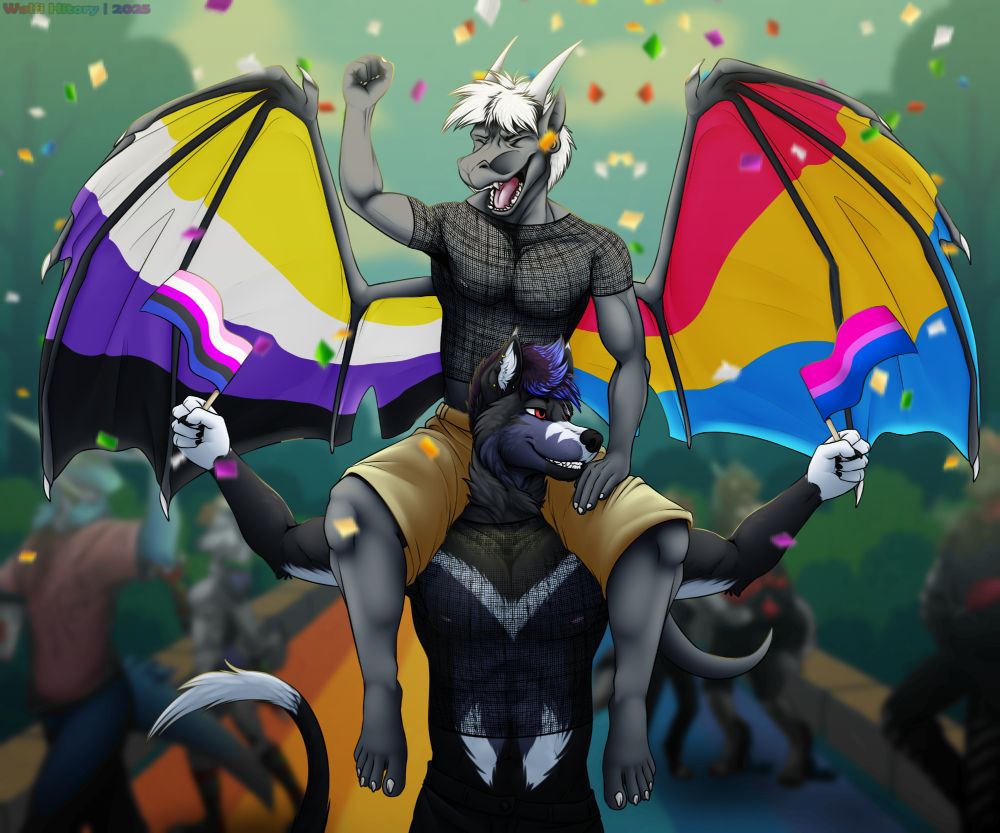 An image of my sona, Ace the dragon riding on the shoulders of a friend of mine, a wolf. The wolf is holding both the agender pride and bisexual pride flags whereas Ace has the nonbinary and pansexual pride colours spread out on their wing membranes. You can see multiple cristopher street day parade attendees in the background. The street is featuring a graffiti of the gay pride colors.