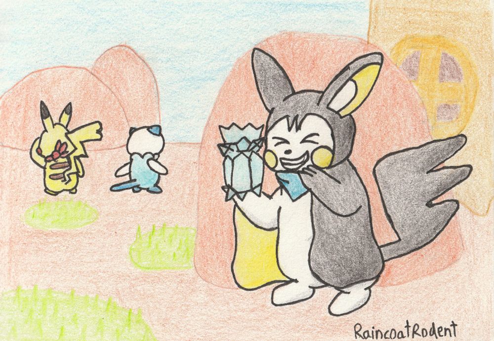 Traditional art of Pokémon Mystery Dungeon: Gates to Infinity - Emolga hiding behind a rock near Hero and Partner's house, holding a Frism and giggling to himself. In the background, Pikachu and Oshawott can be seen looking around confused.