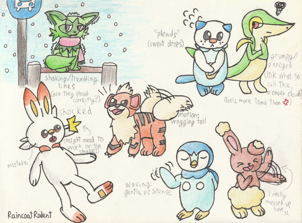 Traditional art of Pokémon - a set of five drawings to practice different comic / manga effects:

Sprigatito dressed in a scarf on a winter day waiting for a late bus, trembling from the cold, with the trembling shown through zigzag lines.

Nervous Oshawott with plewds (sweat drops) emphasizing their emotional state, standing next to an angry Snivy crossing their arms and looking back at them, with a symbol like a smoke cloud (I don't know what to call this, someone please help) to show Snivy's annoyance / grumpiness.

Happy Growlithe wagging their tail, with the tail drawn twice and motion lines drawn between the two instanced to show the repeated motion of the tail going side to size.

Shocked Scorbunny with a manga-style realization / shock symbol.

Piplup waving their wing gently, with small lines around the tip of their wing to show the motion, and a very excited Buneary energetically waving their entire arm, with the waving motion conveyed similarly to Growlithe's wagging tail.