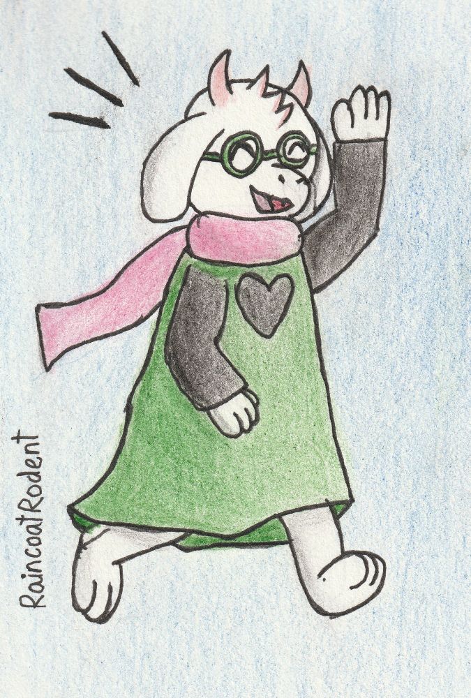 Traditional art of DELTARUNE - Ralsei running and waving with a happy expression.