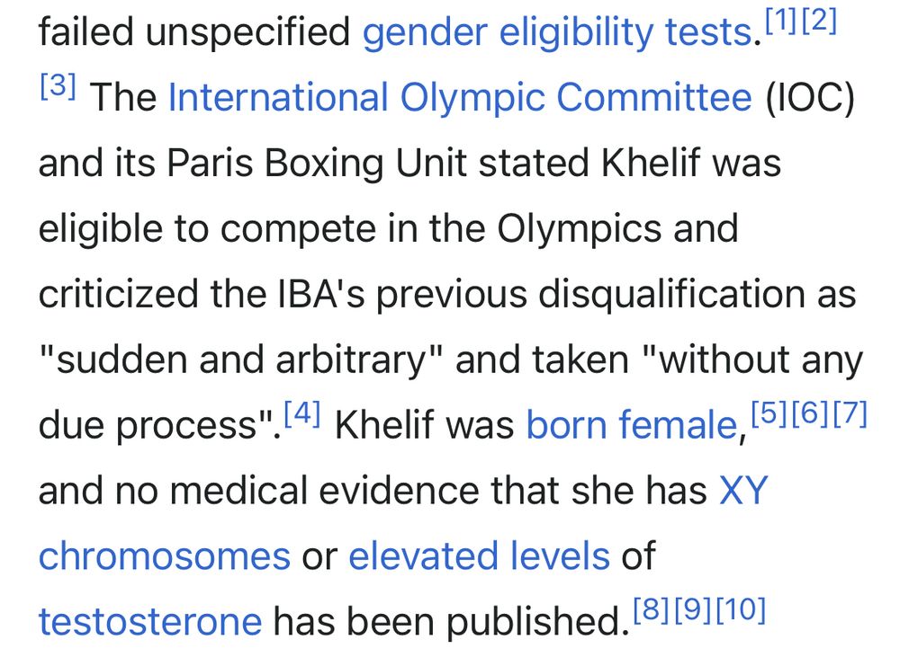 A screenshot of Imane Khelif’s Wikipedia page. There are several citations for her being born a cis woman and there being no evidence otherwise.