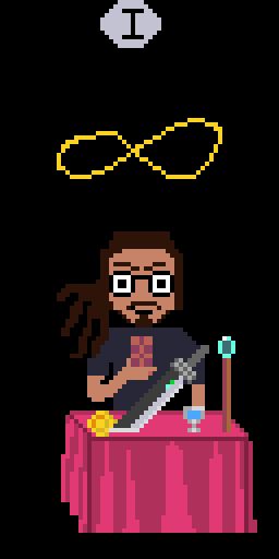 A pixel art version of the Magician tarot card. It’s also a self portrait. I also had to be cheesy and throw in the Buster Sword and a Mario coin.