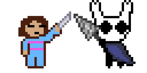 Pixel art of Frisk from Undertale and the Knight from Hollow Knight raising their weapons together. 