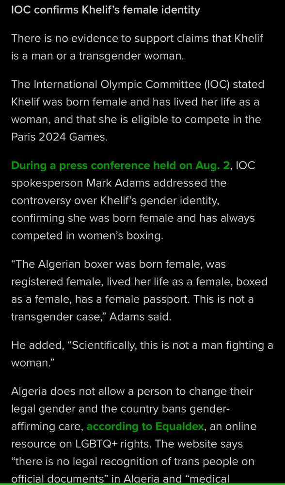 Multiple sources saying Imane Khelif was born a cis woman, one of which points out that Algeria does not allow gender transition or recognize it legally